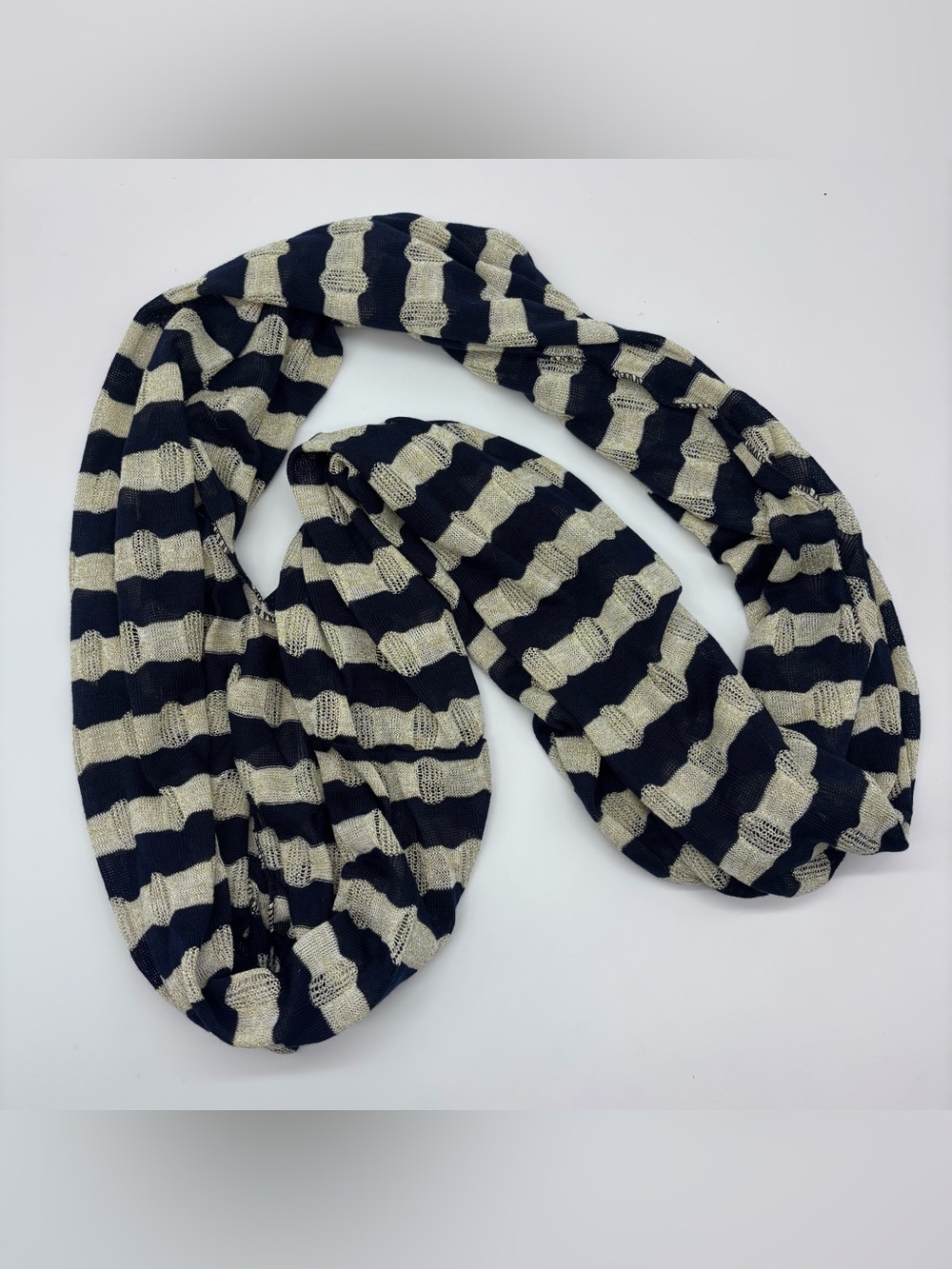 Striped Navy and Cream Infinity Scarf - Lightweight Everyday Wrap